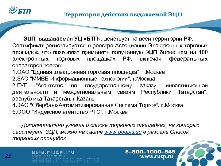 8 -800 -1000 -945 Территория действия выдаваемой ЭЦП www. podpis. su ЭЦП, выдаваемая УЦ