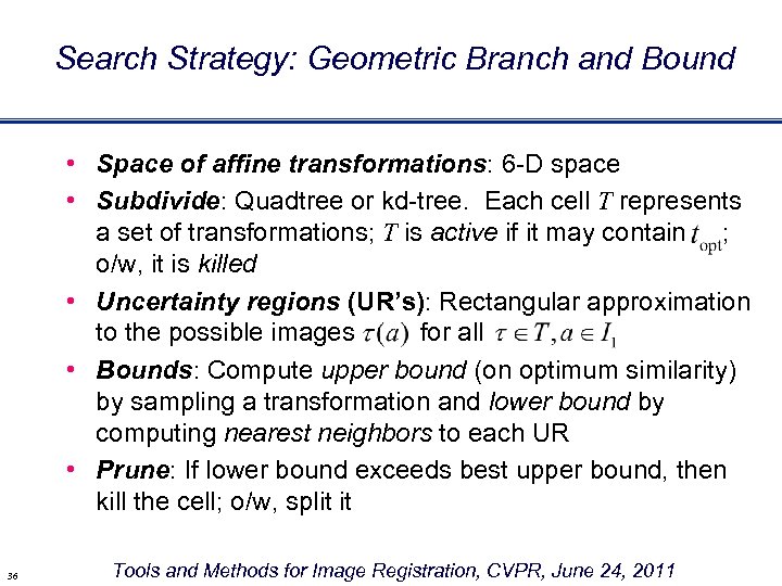 Search Strategy: Geometric Branch and Bound • Space of affine transformations: 6 -D space