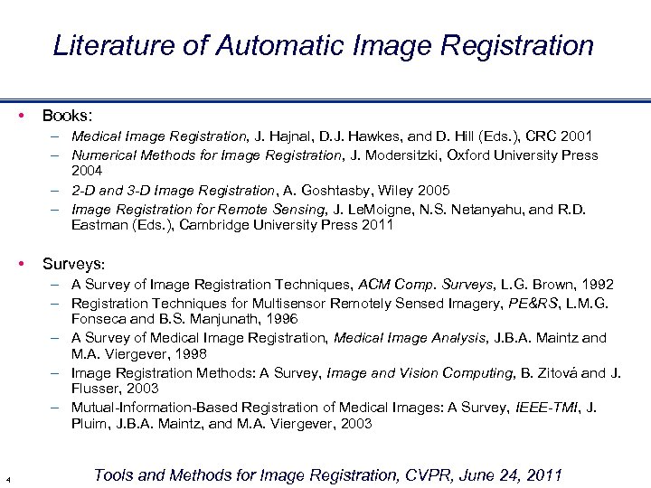 Literature of Automatic Image Registration • Books: – Medical Image Registration, J. Hajnal, D.