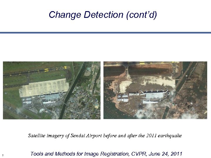 Change Detection (cont’d) Satellite imagery of Sendai Airport before and after the 2011 earthquake