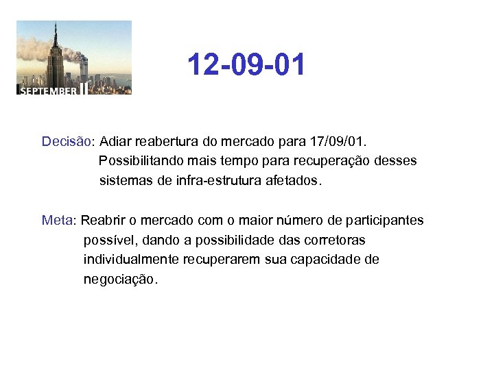 12 -09 -01 Decisão: Adiar reabertura do mercado para 17/09/01. Possibilitando mais tempo para