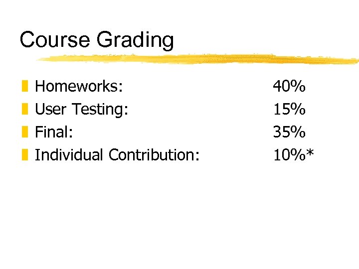 Course Grading z z Homeworks: User Testing: Final: Individual Contribution: 40% 15% 35% 10%*