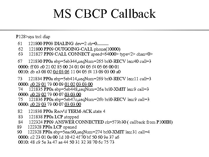 MS CBCP Callback P 128>sys trcl disp 61 62 63 121800 PP 09 DIALING