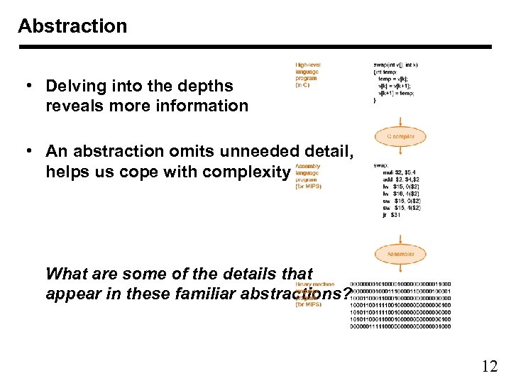 Abstraction • Delving into the depths reveals more information • An abstraction omits unneeded