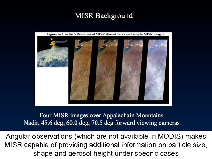 Angular observations (which are not available in MODIS) makes MISR capable of providing additional