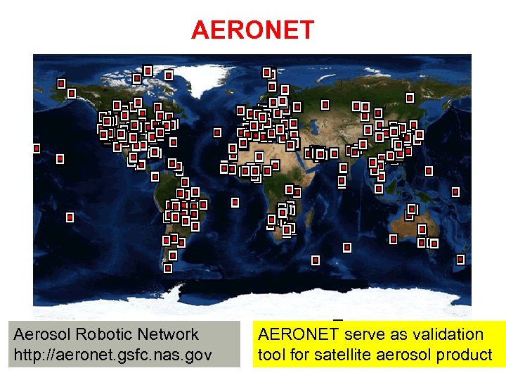 AERONET Aerosol Robotic Network http: //aeronet. gsfc. nas. gov AERONET serve as validation tool