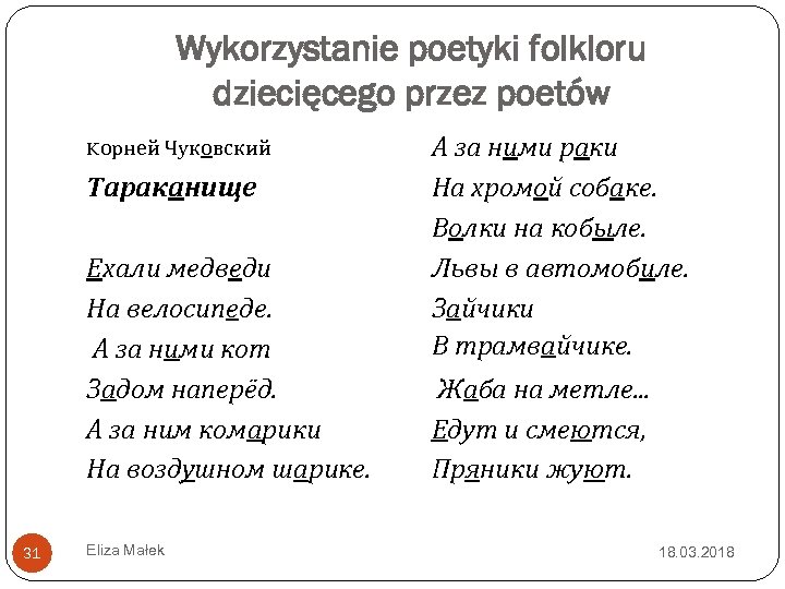 Wykorzystanie poetyki folkloru dziecięcego przez poetów Kорней Чуковский Тараканище Ехали медведи На велосипеде. А