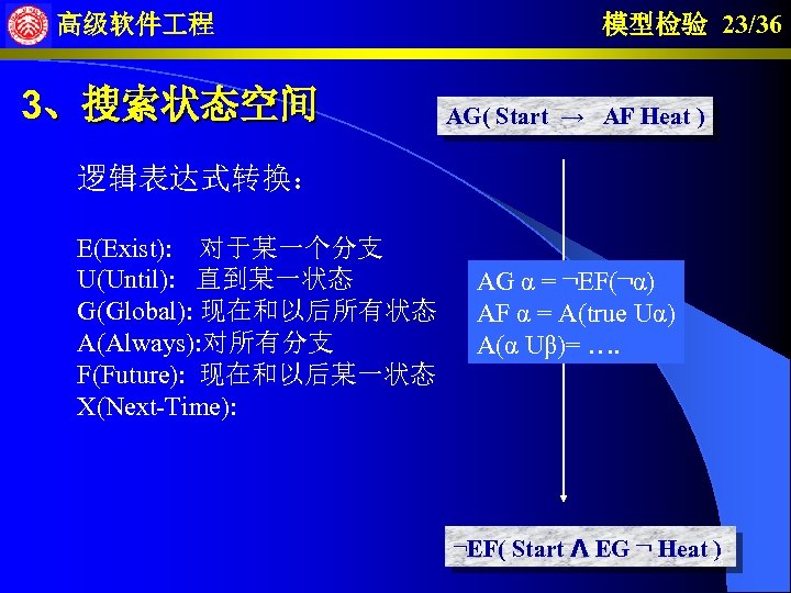 高级软件 程 3、搜索状态空间 模型检验 23/36 AG( Start → AF Heat ) 逻辑表达式转换： E(Exist): 对于某一个分支