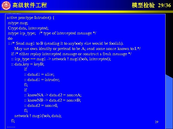 高级软件 程 模型检验 29/36 active proctype Intruder() { mtype msg; Crypt data, intercepted; mtype