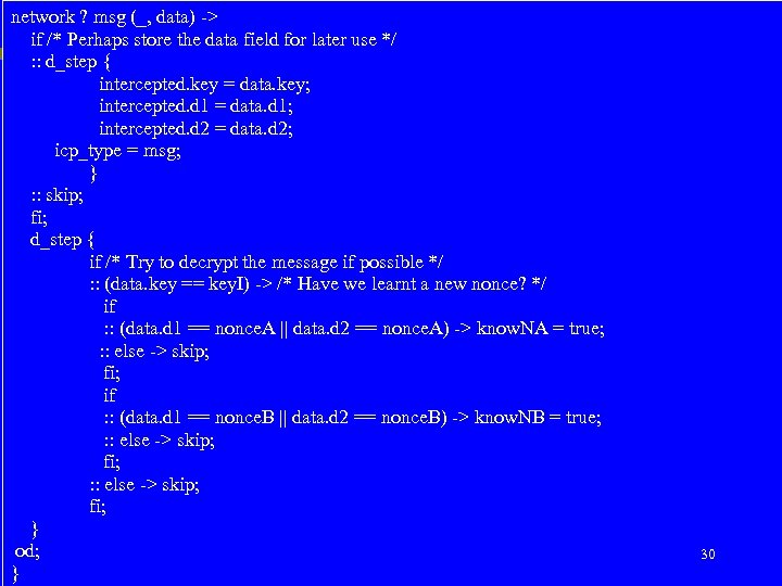 network ? msg (_, data) -> 模型检验 30/36 高级软件 程 if /* Perhaps store