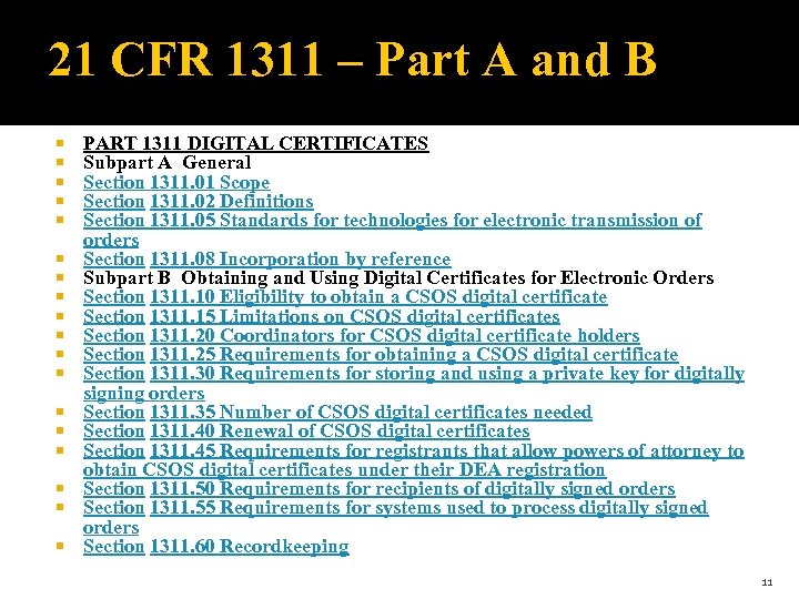 21 CFR 1311 – Part A and B PART 1311 DIGITAL CERTIFICATES Subpart A