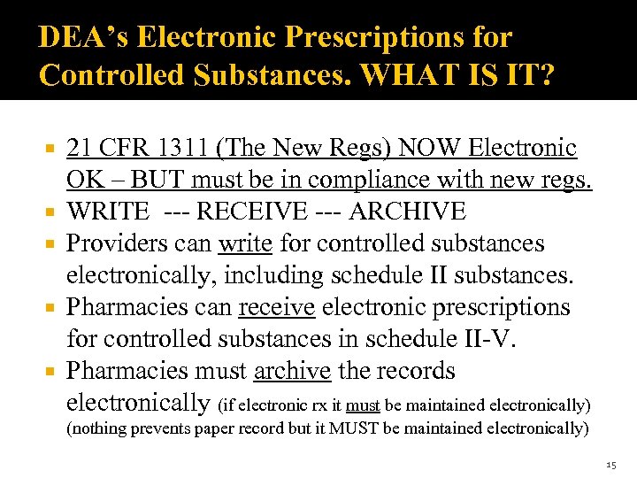 DEA’s Electronic Prescriptions for Controlled Substances. WHAT IS IT? 21 CFR 1311 (The New