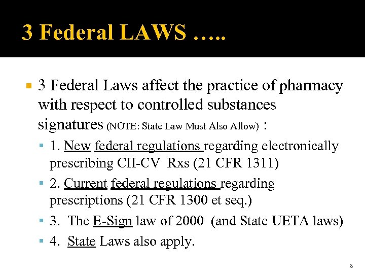 3 Federal LAWS …. . 3 Federal Laws affect the practice of pharmacy with