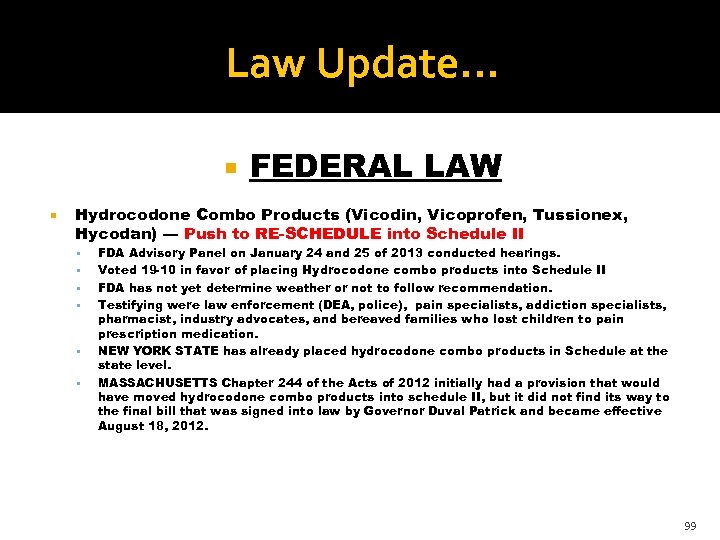 Law Update. . . FEDERAL LAW Hydrocodone Combo Products (Vicodin, Vicoprofen, Tussionex, Hycodan) ---