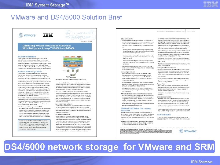 IBM System Storage™ VMware and DS 4/5000 Solution Brief DS 4/5000 network storage for