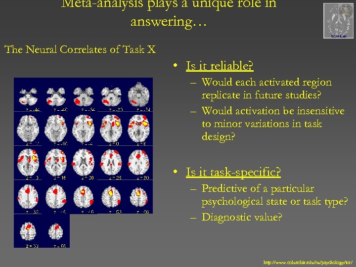 Meta-analysis plays a unique role in answering… SCANLab The Neural Correlates of Task X