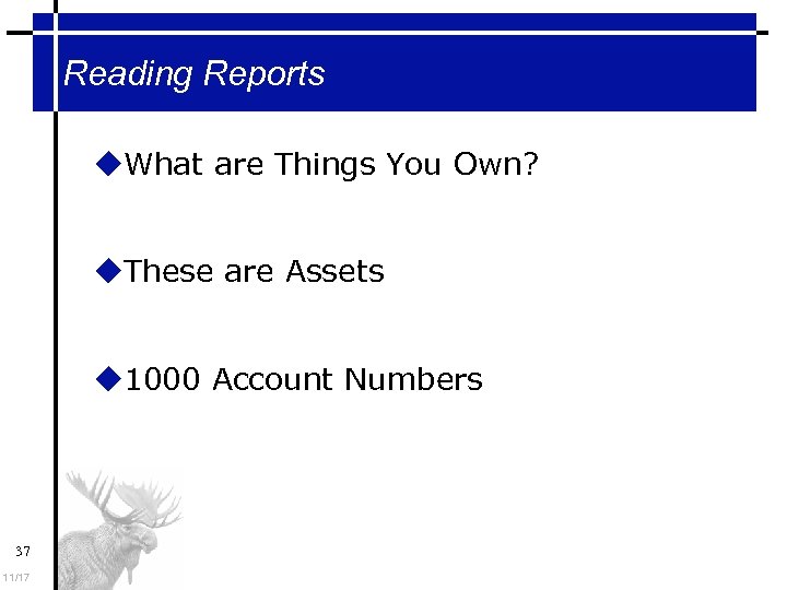 Reading Reports What are Things You Own? These are Assets 1000 Account Numbers 37