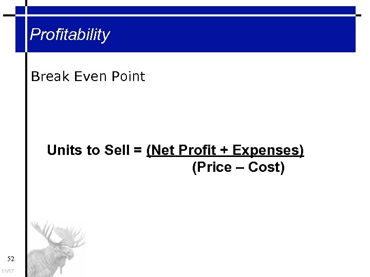 Profitability Break Even Point Units to Sell = (Net Profit + Expenses) (Price –