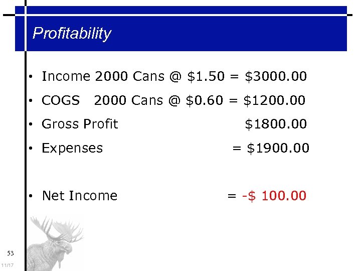 Profitability • Income 2000 Cans @ $1. 50 = $3000. 00 • COGS 2000