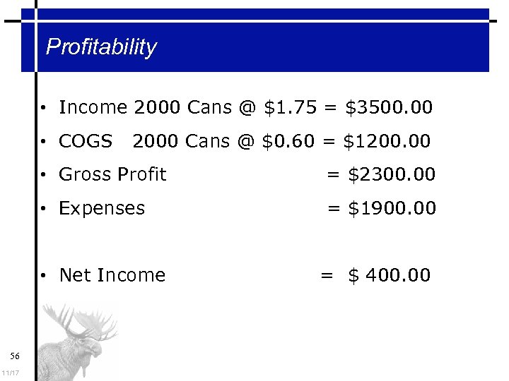 Profitability • Income 2000 Cans @ $1. 75 = $3500. 00 • COGS 2000