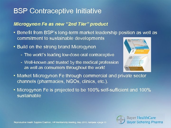 BSP Contraceptive Initiative Microgynon Fe as new “ 2 nd Tier” product • Benefit