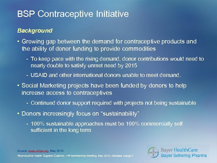 BSP Contraceptive Initiative Background • Growing gap between the demand for contraceptive products and