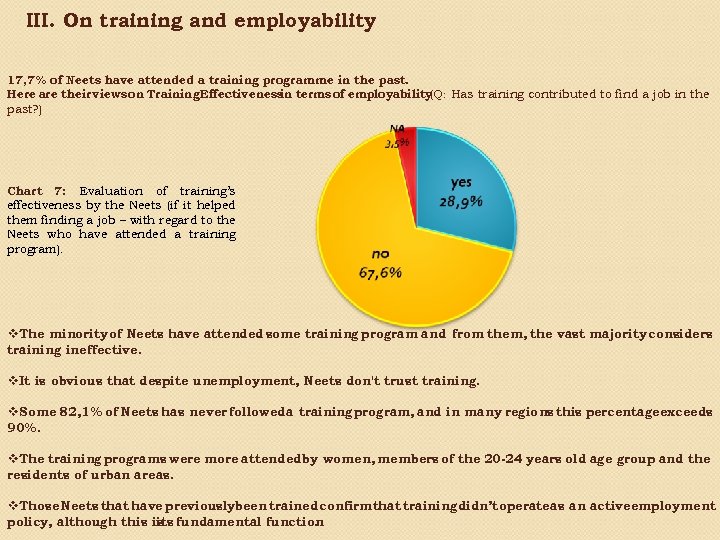 III. On training and employability 17, 7% of Neets have attended a training programme