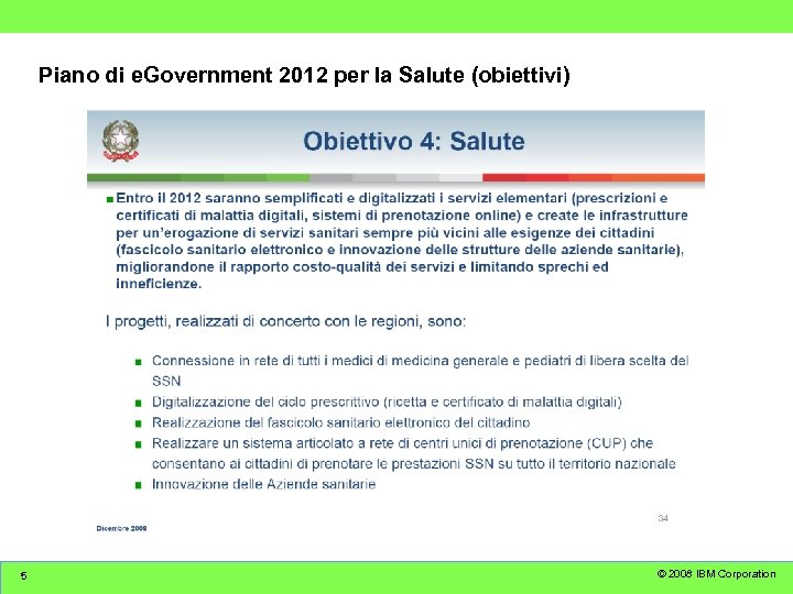 Piano di e. Government 2012 per la Salute (obiettivi) 5 © 2008 IBM Corporation