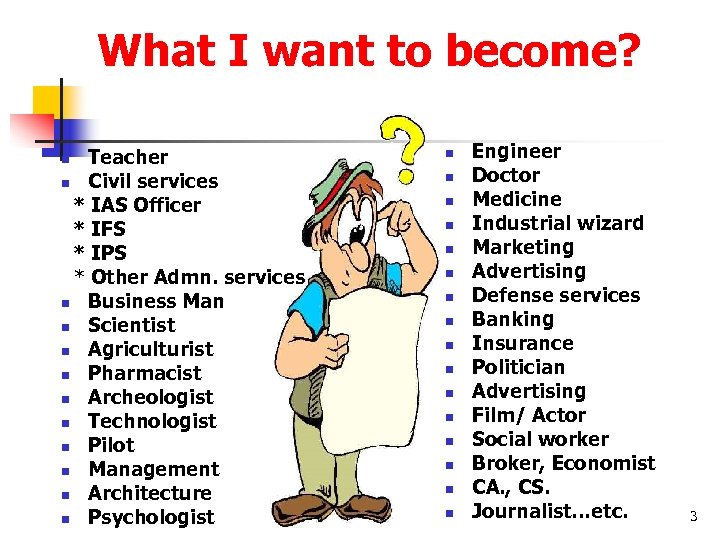 What I want to become? Teacher n Civil services * IAS Officer * IFS