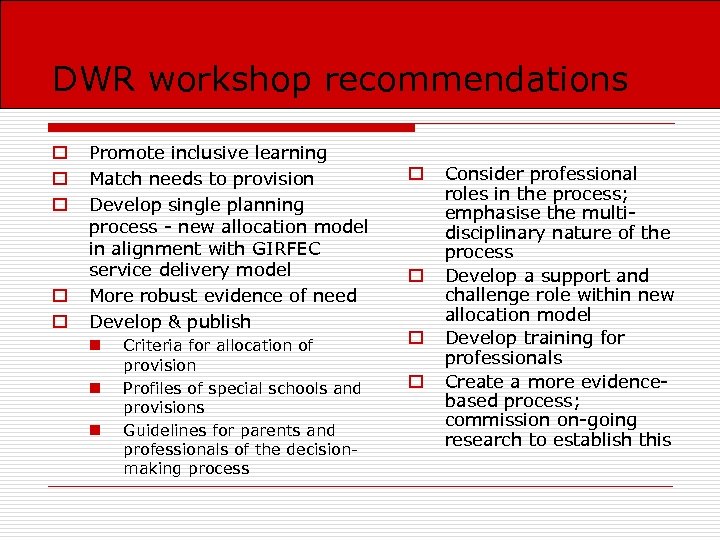 DWR workshop recommendations o o o Promote inclusive learning Match needs to provision Develop