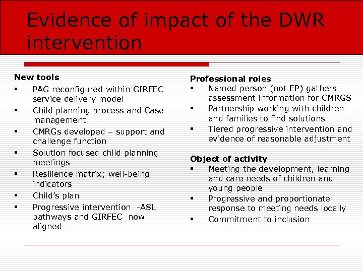 Evidence of impact of the DWR intervention New tools § PAG reconfigured within GIRFEC