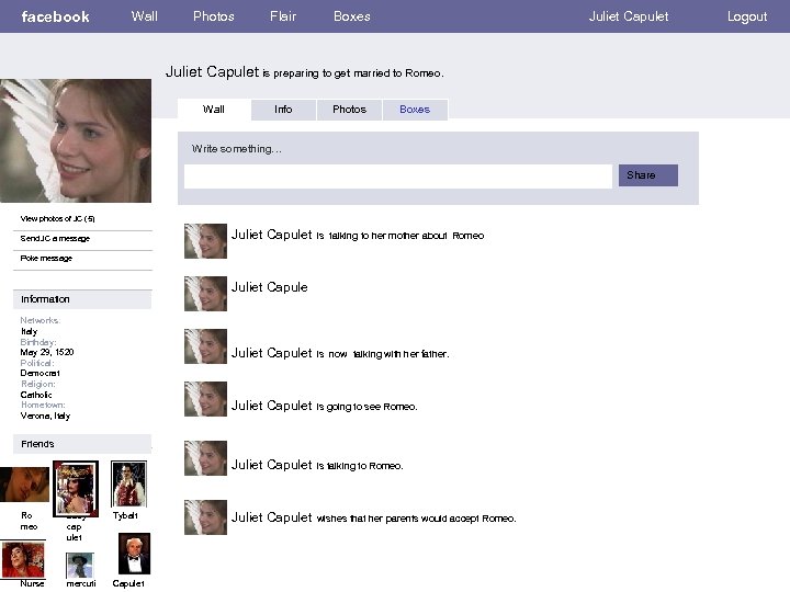 facebook Wall Photos Flair Boxes Juliet Capulet is preparing to get married to Romeo.