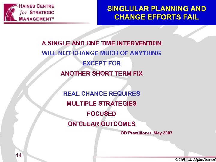 SINGLULAR PLANNING AND CHANGE EFFORTS FAIL A SINGLE AND ONE TIME INTERVENTION WILL NOT