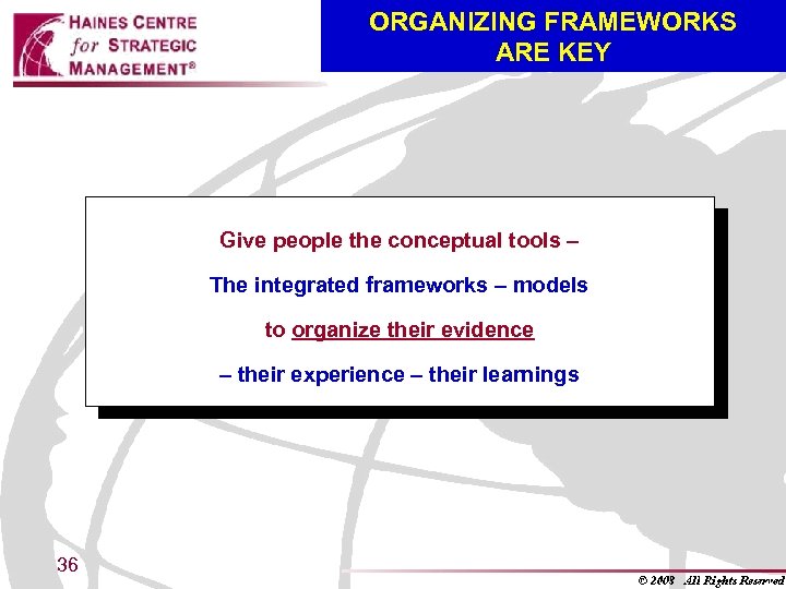 ORGANIZING FRAMEWORKS ARE KEY Give people the conceptual tools – The integrated frameworks –