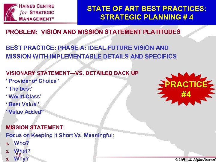 STATE OF ART BEST PRACTICES: STRATEGIC PLANNING # 4 PROBLEM: VISION AND MISSION STATEMENT