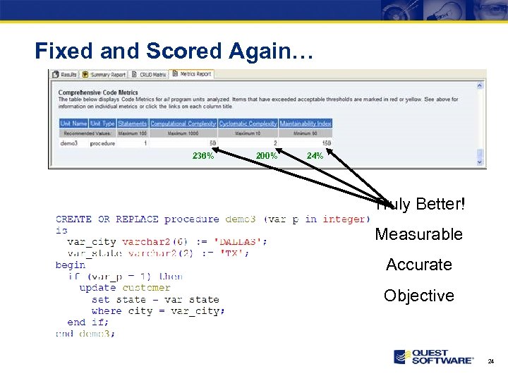 Fixed and Scored Again… 236% 200% 24% Truly Better! Measurable Accurate Objective 24 