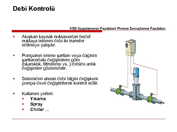 Debi Kontrolü VSD Uygulamanın Faydaları/ Proses Sonuçlarına Faydaları § Akışkan kaynak noktasından hedef noktaya