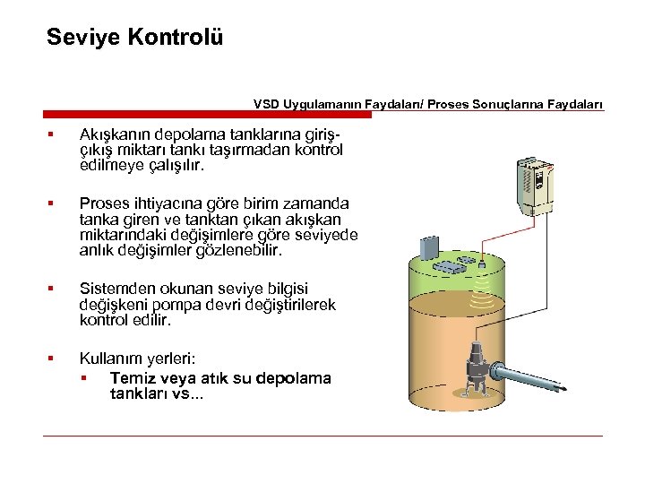 Seviye Kontrolü VSD Uygulamanın Faydaları/ Proses Sonuçlarına Faydaları § Akışkanın depolama tanklarına girişçıkış miktarı