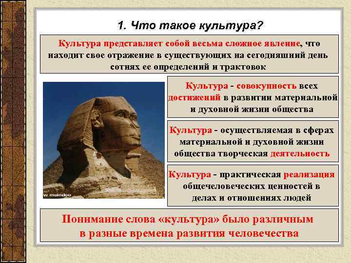 1. Что такое культура? Культура представляет собой весьма сложное явление, что находит свое отражение