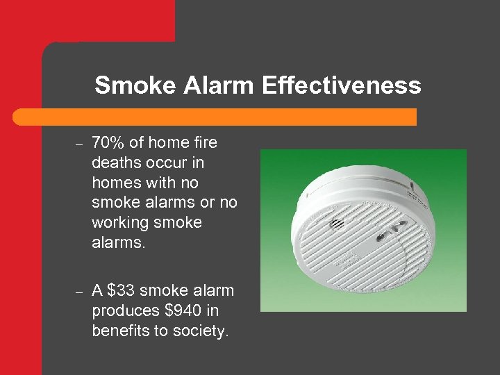 Smoke Alarm Effectiveness – 70% of home fire deaths occur in homes with no