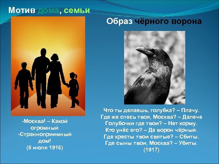 Мотив дома, семьи Образ чёрного ворона -Москва! – Какой огромный -Странноприимный дом! (8 июля