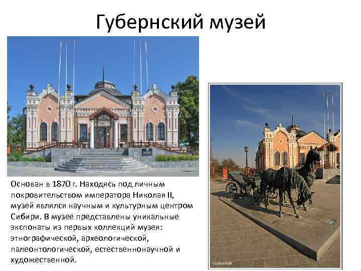 Губернский музей Основан в 1870 г. Находясь под личным покровительством императора Николая II, музей