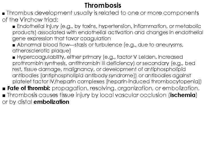 Thrombosis ■ Thrombus development usually is related to one or more components of the