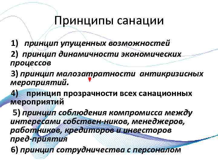 Принципы санации 1) принцип упущенных возможностей 2) принцип динамичности экономических процессов 3) принцип малозатратности