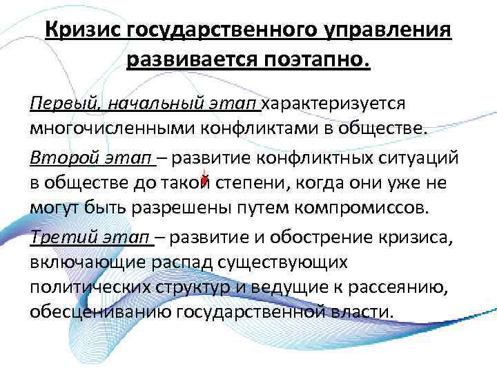 Кризис государственного управления развивается поэтапно. Первый, начальный этап характеризуется многочисленными конфликтами в обществе. Второй