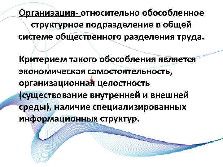 Организация относительно обособленное структурное подразделение в общей системе общественного разделения труда. Критерием такого обособления