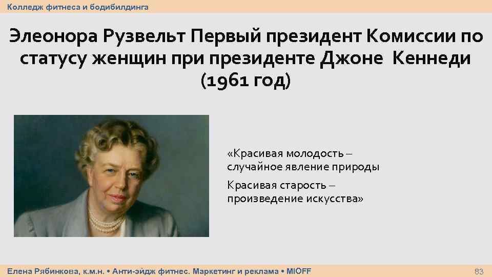 Колледж фитнеса и бодибилдинга Элеонора Рузвельт Первый президент Комиссии по статусу женщин при президенте