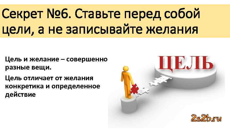 Секрет № 6. Ставьте перед собой цели, а не записывайте желания Цель и желание