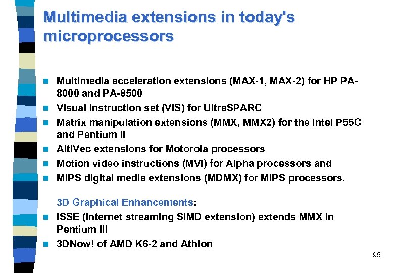 Multimedia extensions in today's microprocessors n n n Multimedia acceleration extensions (MAX-1, MAX-2) for