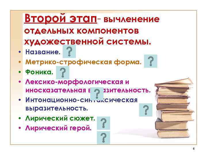Второй этап- вычленение отдельных компонентов художественной системы. Название. Метрико-строфическая форма. Фоника. Лексико-морфологическая и иносказательная